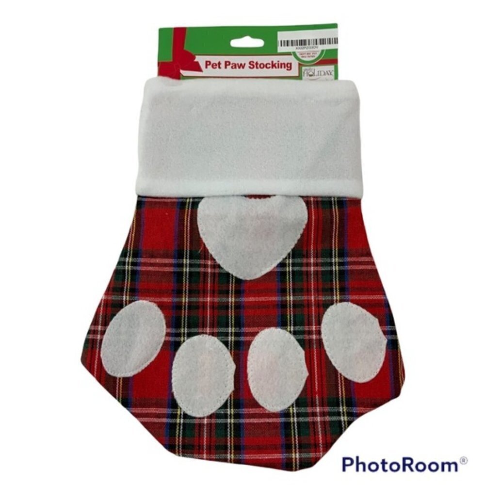Pet Christmas Holiday Stocking Pet Paw Tartan Plaid Red White Multicolor - Picture 7 of 11